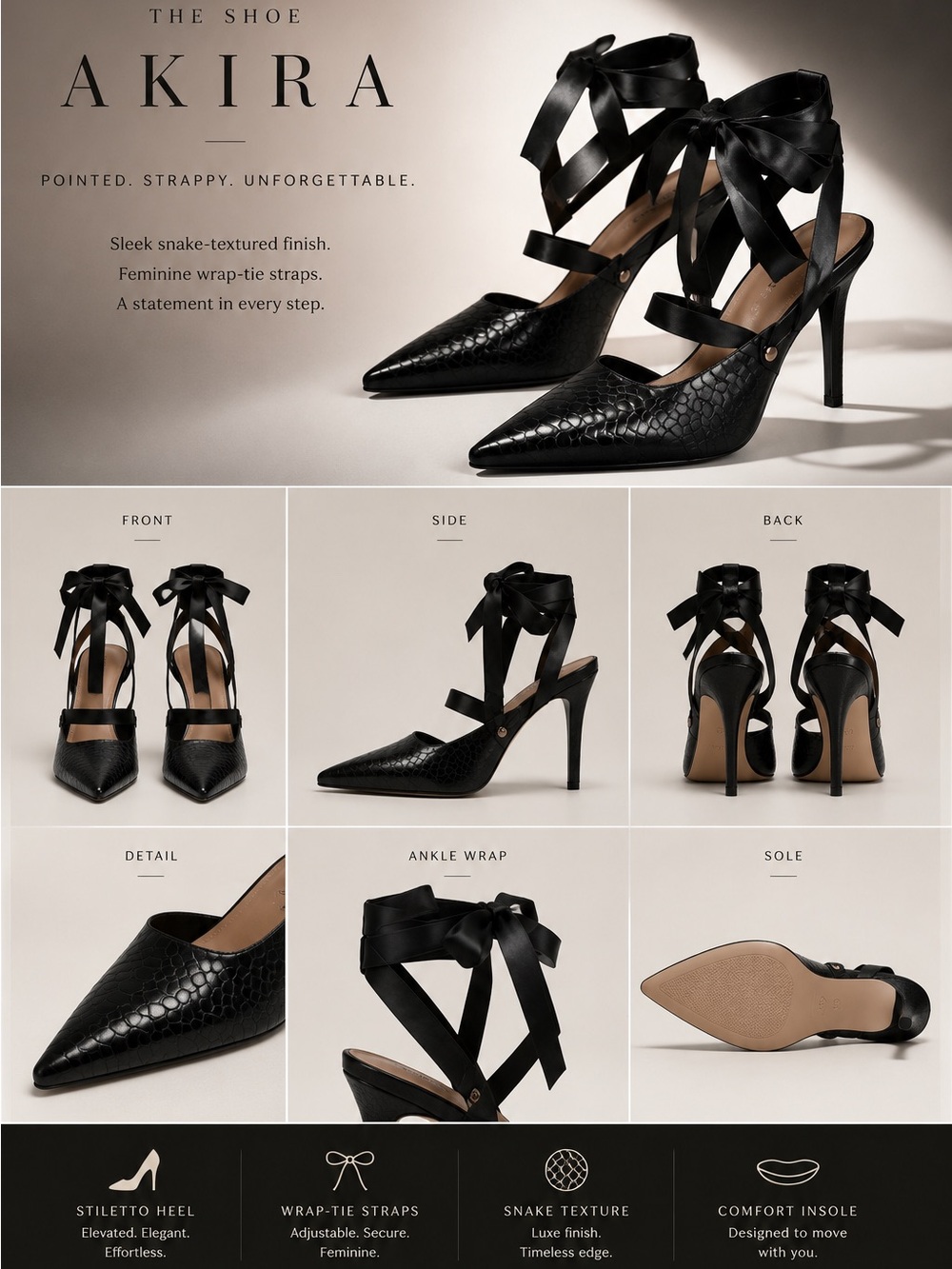 AKIRA Black Snake-Texture Pointed Stiletto with Satin Wrap-Tie Straps